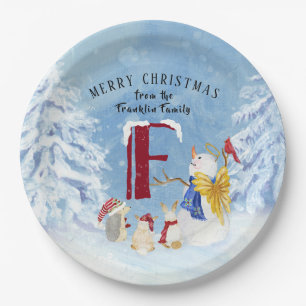 Monogram Letter F Adorable Angel Snowman Forest Paper Plates