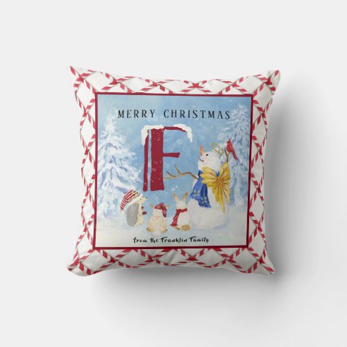 Monogram Letter F Adorable Angel Snowman Forest Throw Pillow