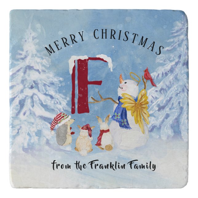 Monogram Letter F Adorable Angel Snowman Forest Trivet (Front)