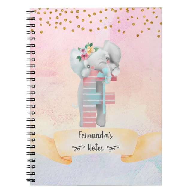 Monogram Letter F Baby Elephant Girl Daily Diary Notebook (Front)