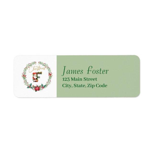 Monogram Letter F Christmas Wreath w/ Santa Claus Label (Front)