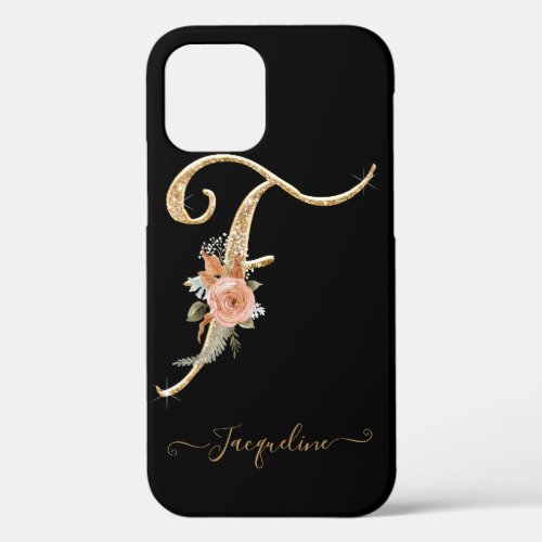 Monogram Letter F Gold Script Pink Floral Black iPhone 12 Case