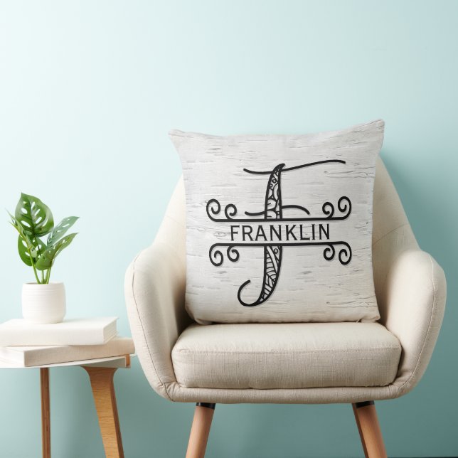 Monogram Letter F with Family Name Throw Pillow (Chair)