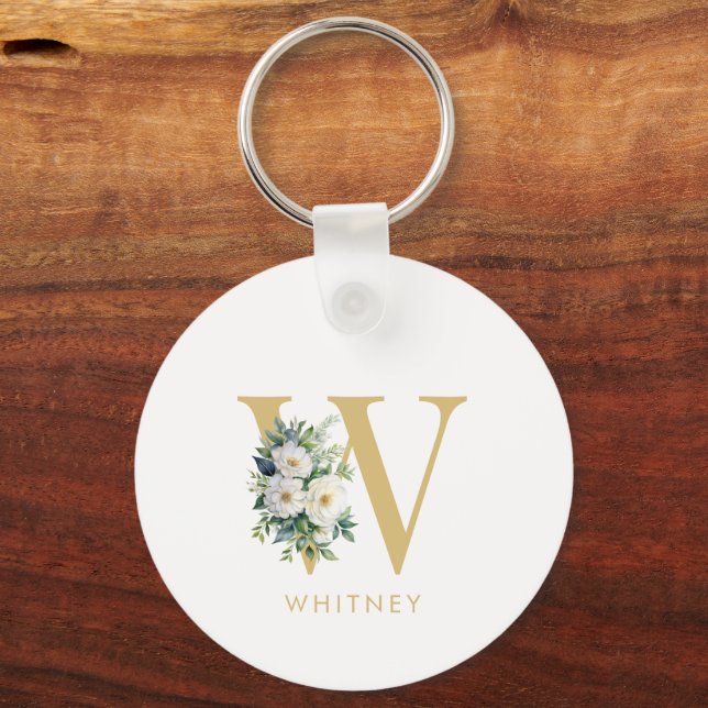 Monogram Letter Floral Initial Name Keychain (Front)