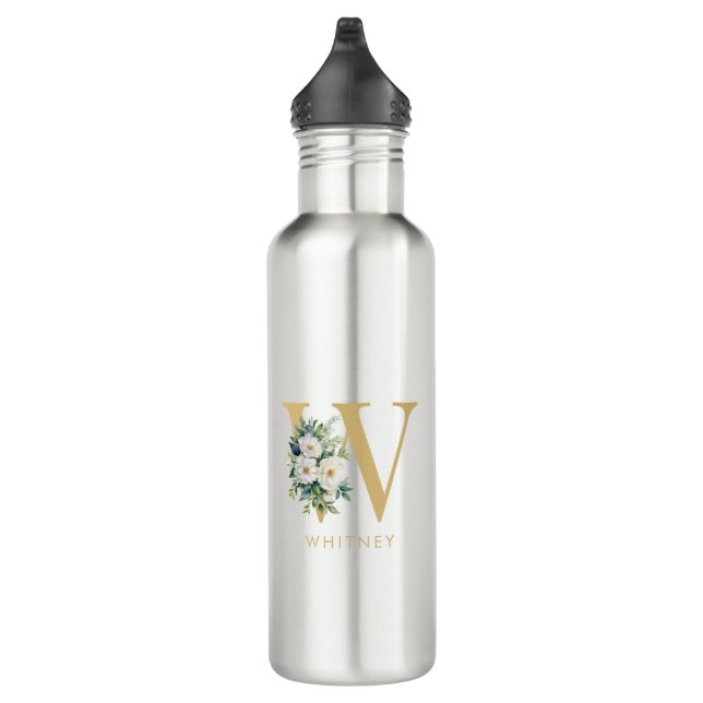 Monogram Letter Floral Initial Name Stainless Steel Water Bottle (Right)