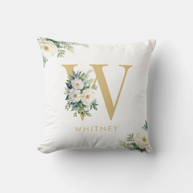 Monogram Letter Floral Initial Name Throw Pillow (Front)