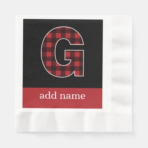 Monogram Letter G _ Black and Red Buffalo Plaid Paper Napkins
