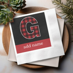 Monogram Letter G - Black and Red Buffalo Plaid Paper Napkins