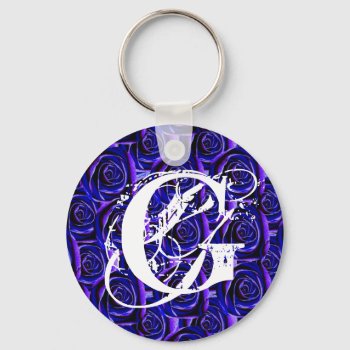 Monogram Letter G Blue Roses Keychain by ggbythebay at Zazzle