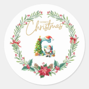 Monogram letter G, Christmas Wreath w/ Santa Claus Classic Round Sticker