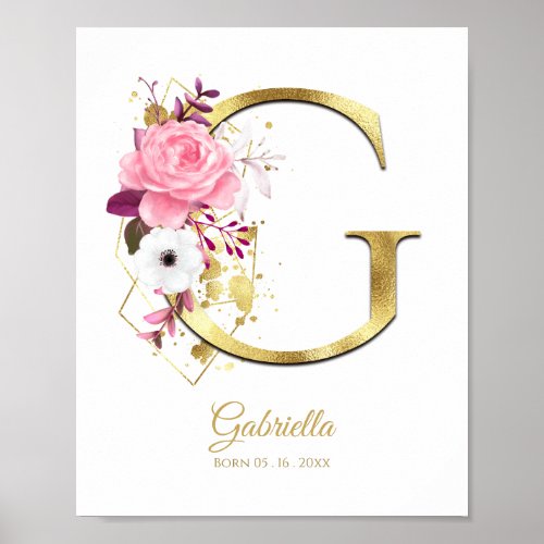 Monogram Letter G Gold Foil  Pink Floral Nursery Poster