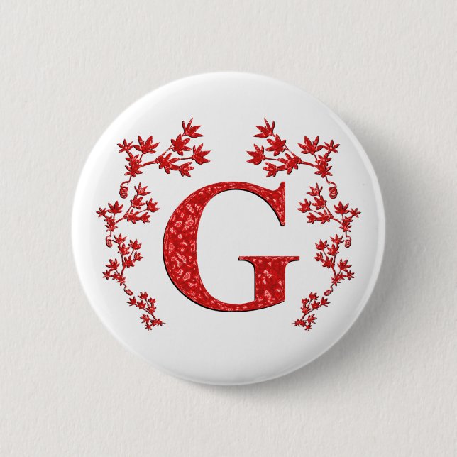 Monogram Letter G Red Leaves Button (Front)
