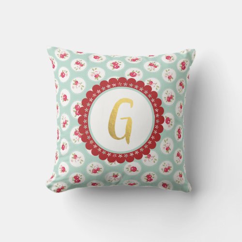Monogram LETTER G Turquoise Red Country Floral Throw Pillow