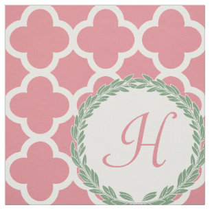 Monogram Letter Girly Pink and Green Quatrefoil Fabric