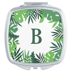 Monogram letter green tropical palm leaves floral compact mirror