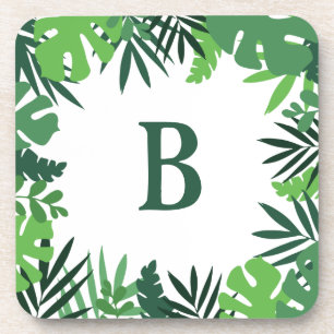 Monogram letter green tropical palm leaves jungle beverage coaster