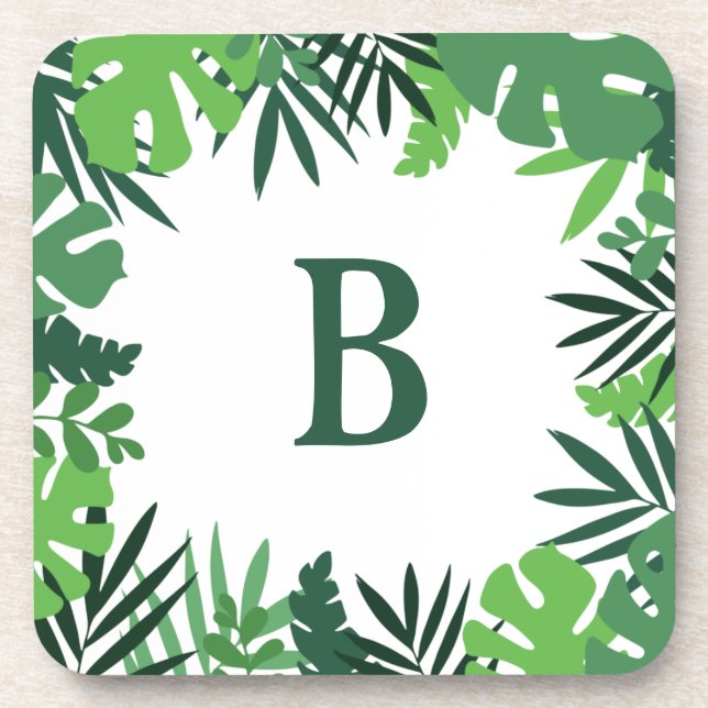 Monogram letter green tropical palm leaves jungle beverage coaster (Front)