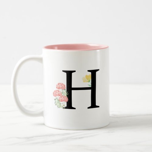 Monogram Letter H Watercolor Pink Flowers Chic Two_Tone Coffee Mug