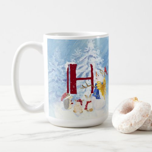 Monogram Letter H Winter Trees Christmas Snowman Coffee Mug