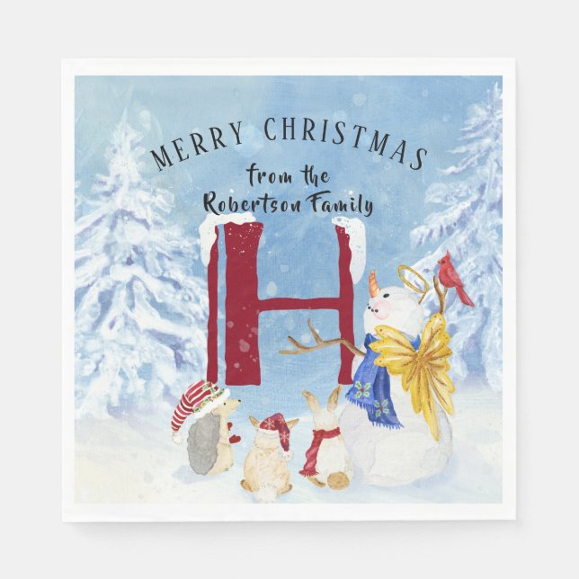 Monogram Letter H Winter Trees Christmas Snowman Napkins (Front)
