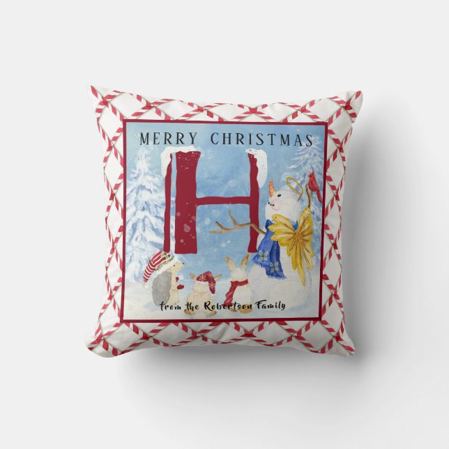 Monogram Letter H Winter Trees Christmas Snowman Throw Pillow (Front)