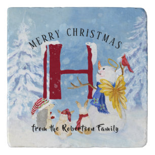 Monogram Letter H Winter Trees Christmas Snowman Trivet