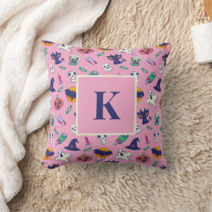 Monogram Letter Halloween Witch Ghost Pattern Throw Pillow