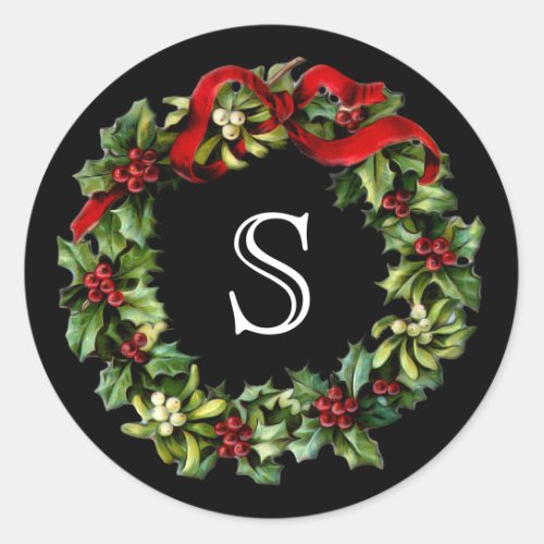 Monogram Letter Holly Wreath Christmas Classic Round Sticker