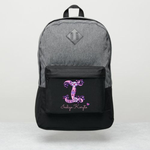 Monogram letter I hearts flower custom name Port Authority Backpack