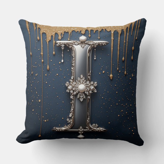 Monogram Letter I Navy Gold Dripping Paint Throw Pillow (Front)