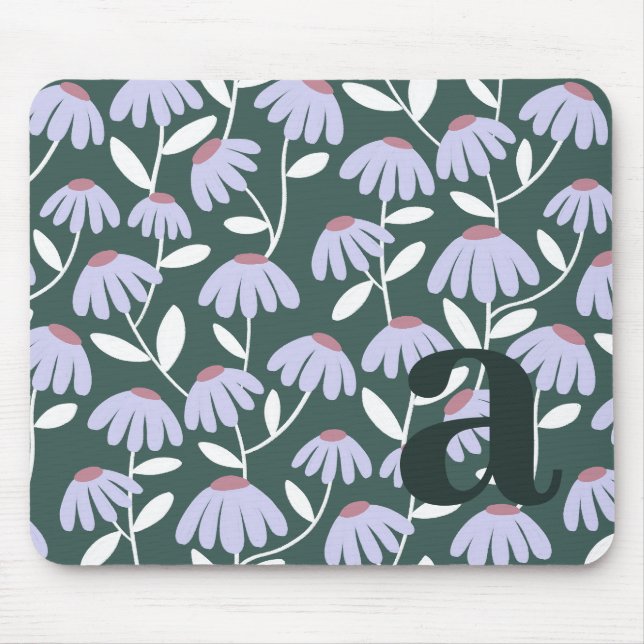 Monogram Letter Initial Green Floral Pattern Mouse Pad (Front)