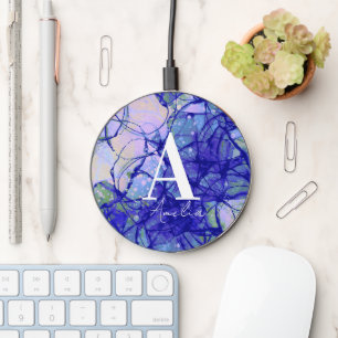Monogram Letter Initial Name Abstract Art Blue Wireless Charger