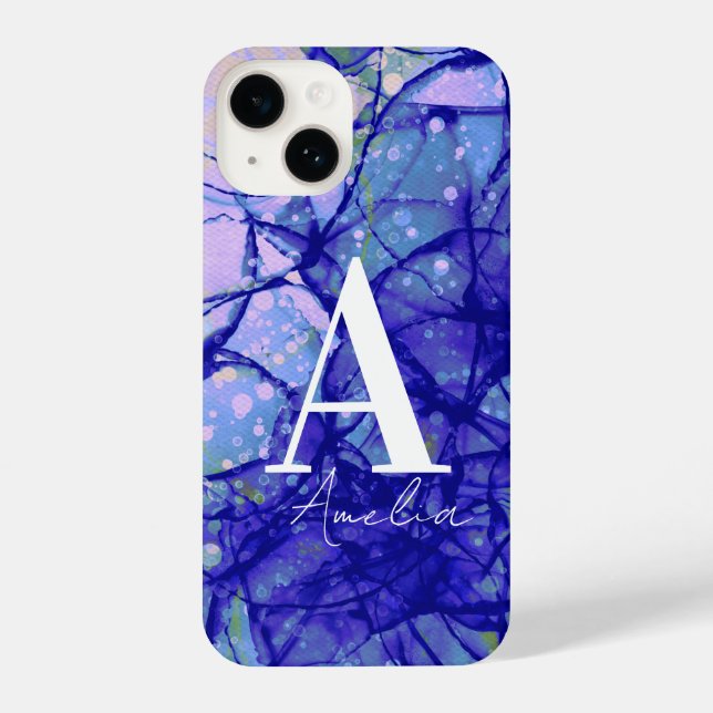 Monogram Letter Initial Name Blue Abstract Art iPhone Case (Back)