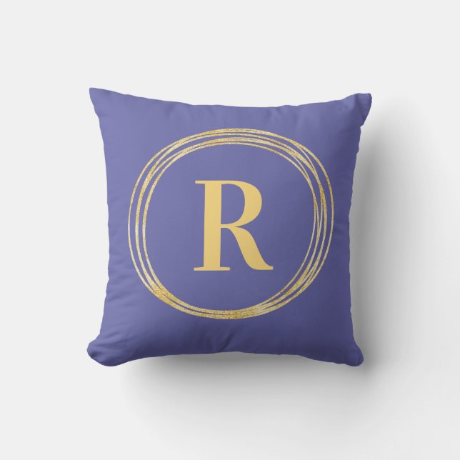 Monogram Letter Initial Periwinkle Gold Circles Throw Pillow (Front)