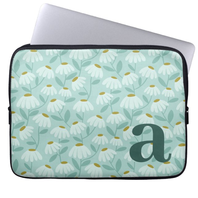 Monogram Letter Initial Teal Blue Floral Pattern Laptop Sleeve (Front)