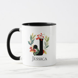 Monogram Letter J Christmas Berry Wreath Mug