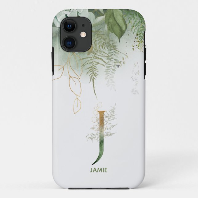Monogram Letter J Elegant Ferns Case-Mate iPhone Case (Back)