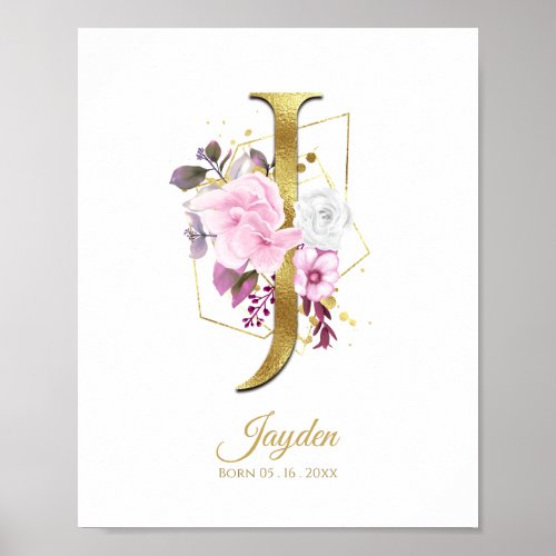 Monogram Letter J Gold Foil  Pink Floral Nursery Poster