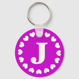 Monogram letter J keychain with white love hearts