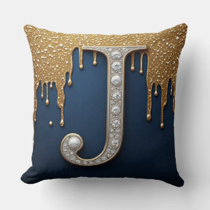 Monogram Letter J Navy Gold Dripping Paint Throw Pillow