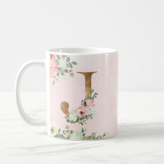 Monogram Letter J Watercolor Floral Coffee Mug (Left)