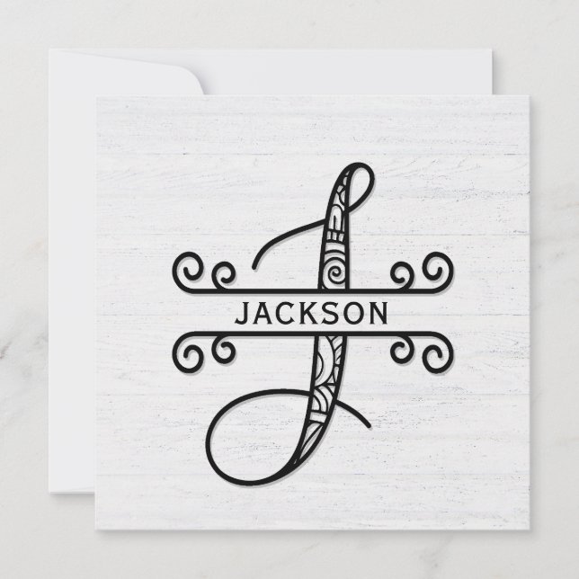 Monogram Letter J with Family Name Note Card (Front)