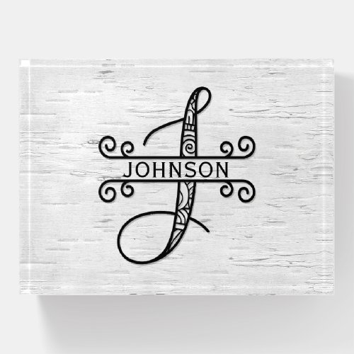 Monogram Letter J with Family Name Paperweight
