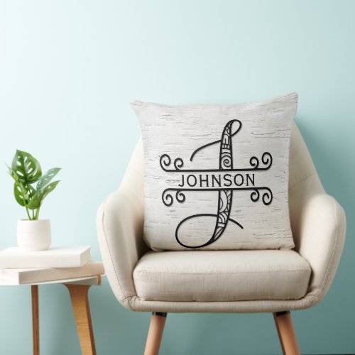 Monogram Letter J with Family Name   Throw Pillow