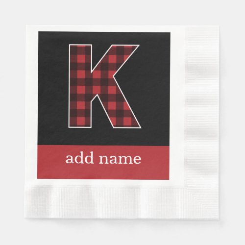 Monogram Letter K _ Black and Red Buffalo Plaid Paper Napkins