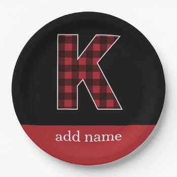 Monogram Letter K - Black And Red Buffalo Plaid Paper Plates by MyGiftShop at Zazzle