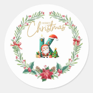 Monogram letter K, Christmas Wreath w/ Santa Claus Classic Round Sticker