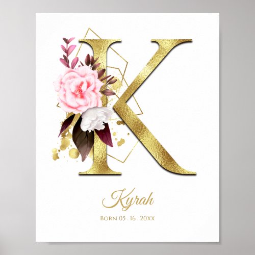 Monogram Letter K Gold Foil  Pink Floral Nursery Poster