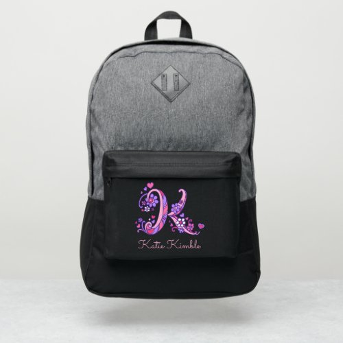 Monogram letter K hearts flower custom name Port Authority Backpack