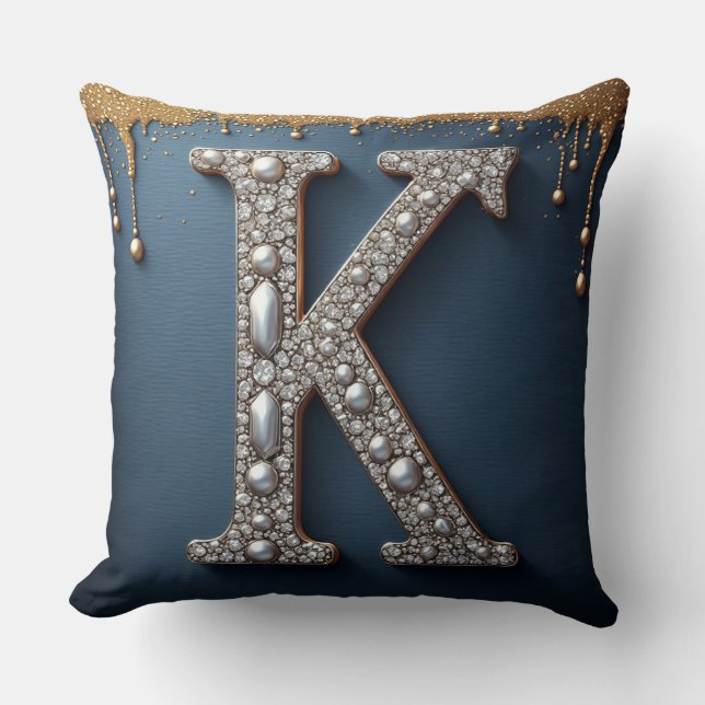 Monogram Letter K Navy Gold Dripping Paint Pearl Throw Pillow (Front)